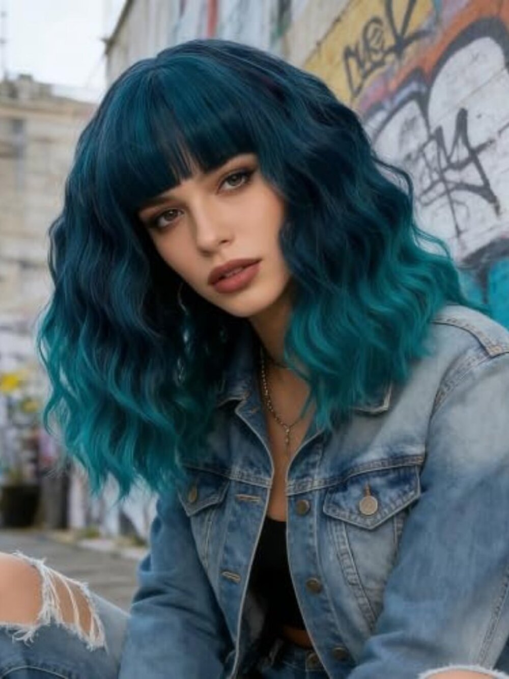 14" Dark Blue Ombre Short Bob Wavy Curly Bangs Wig Air Bangs Shoulder Length